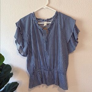 Lazy Sundays Blue and White gingham Ruffled Flutter Sleeve Blouse